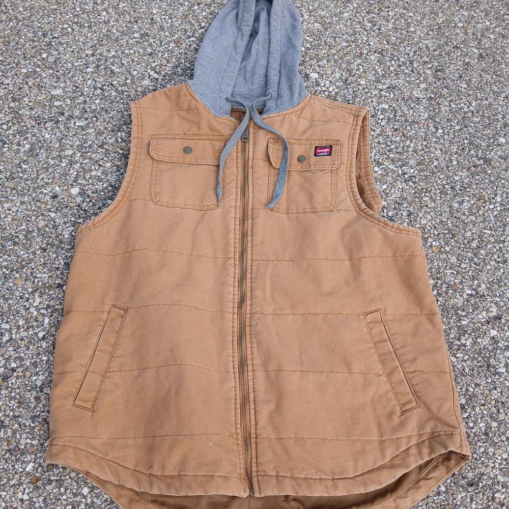 Wrangler Vest Mens XL Brown Hooded Canvas Quilted Full Zip Workwear Lined